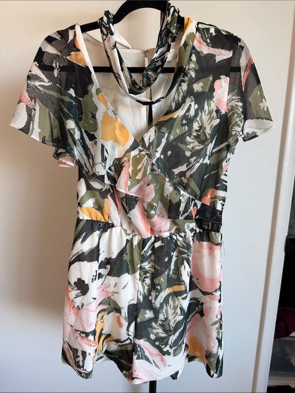 Club Monaco Floral Wrap Mini Dress in Olive, Pink & Cream